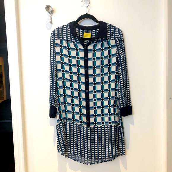 Button Down Drop Waist Retro Pattern Dress - Picture 1 of 1